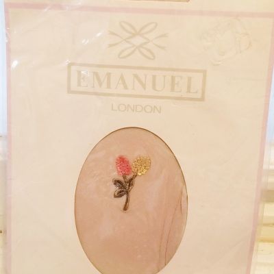 Vintage 80's Emanuel London Embroidered Nude Tights Pantyhose Princess Diana NIP
